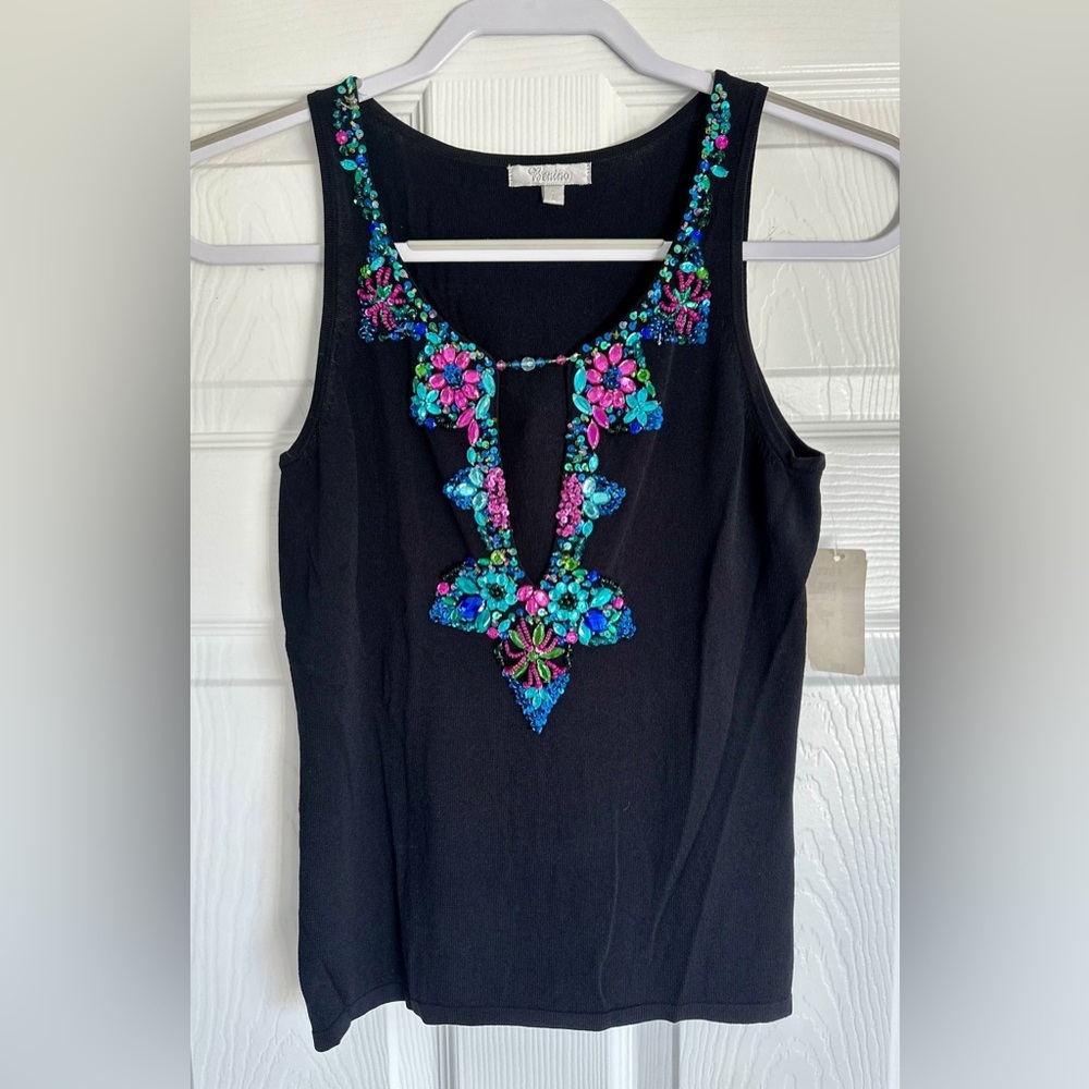 NWT Black Y2K Black Large Keyhole Front w Hand Beaded Flowers